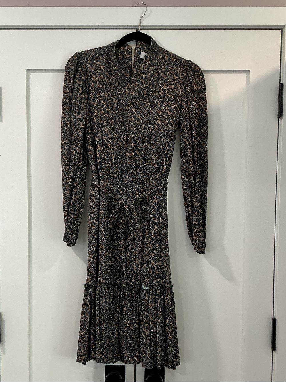 Long-Sleeve Floral Midi Dress in Black and Tan with Tie Waist